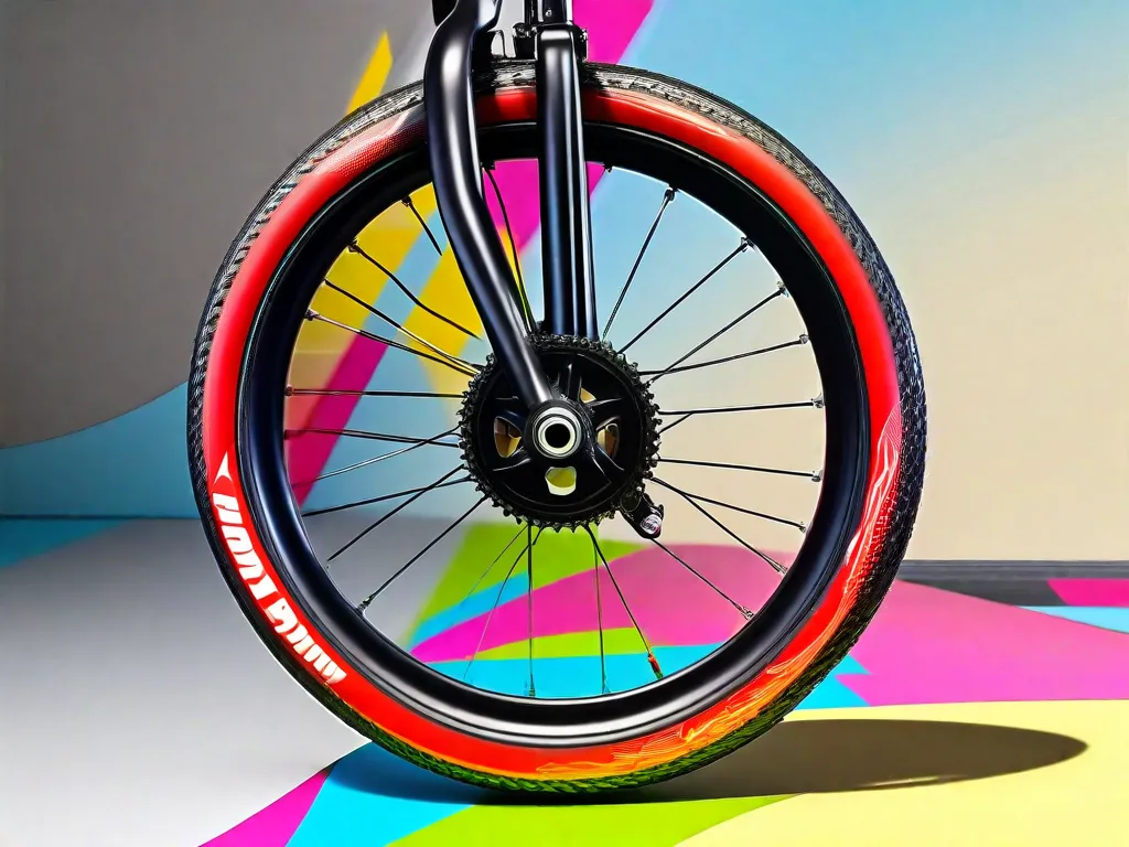 Descrição: Uma imagem em close-up de uma roda de bicicleta com um aro de tamanho pequeno, especificamente projetado para crianças. O aro é leve e durável, apresentando cores vibrantes e um padrão de personagens de desenhos animados brincalhões. Essa imagem representa as características ideais de uma roda para crianças, garantindo uma experiência segura e divertida ao andar de bicicleta.