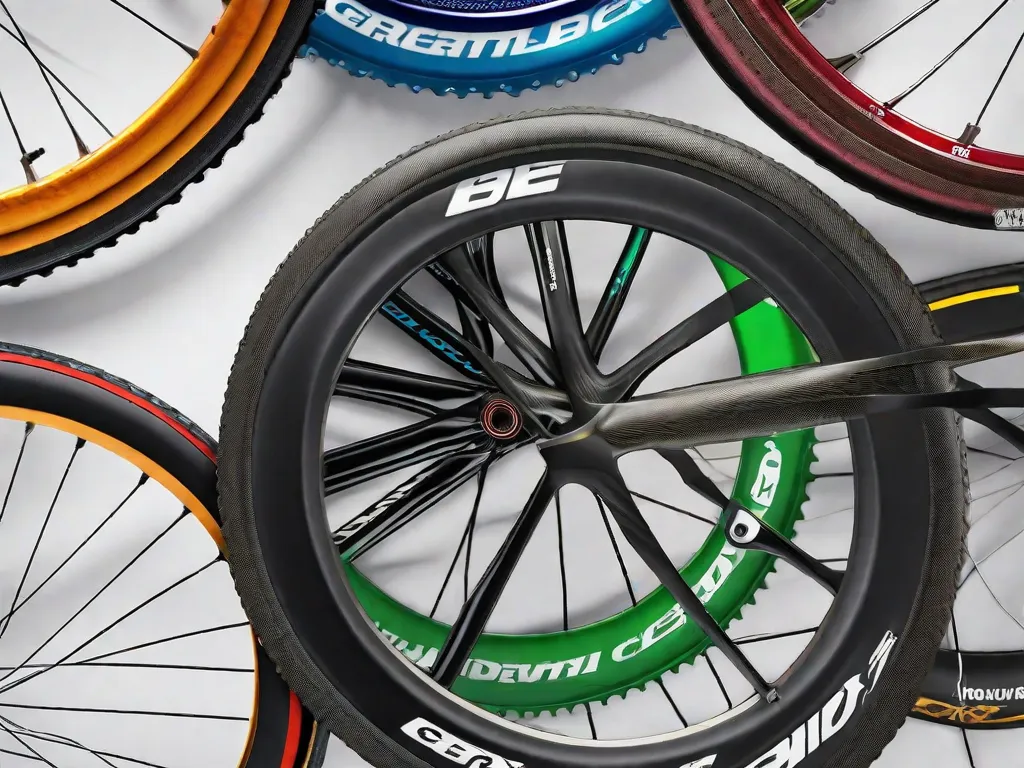 Uma imagem em close-up de diferentes tipos de aros de bicicleta, mostrando uma variedade de opções comumente usadas na comunidade ciclística. Dos aros de carbono leves aos de liga robusta, a imagem captura a variedade de escolhas disponíveis para ciclistas que desejam melhorar ou personalizar o desempenho de suas bicicletas.