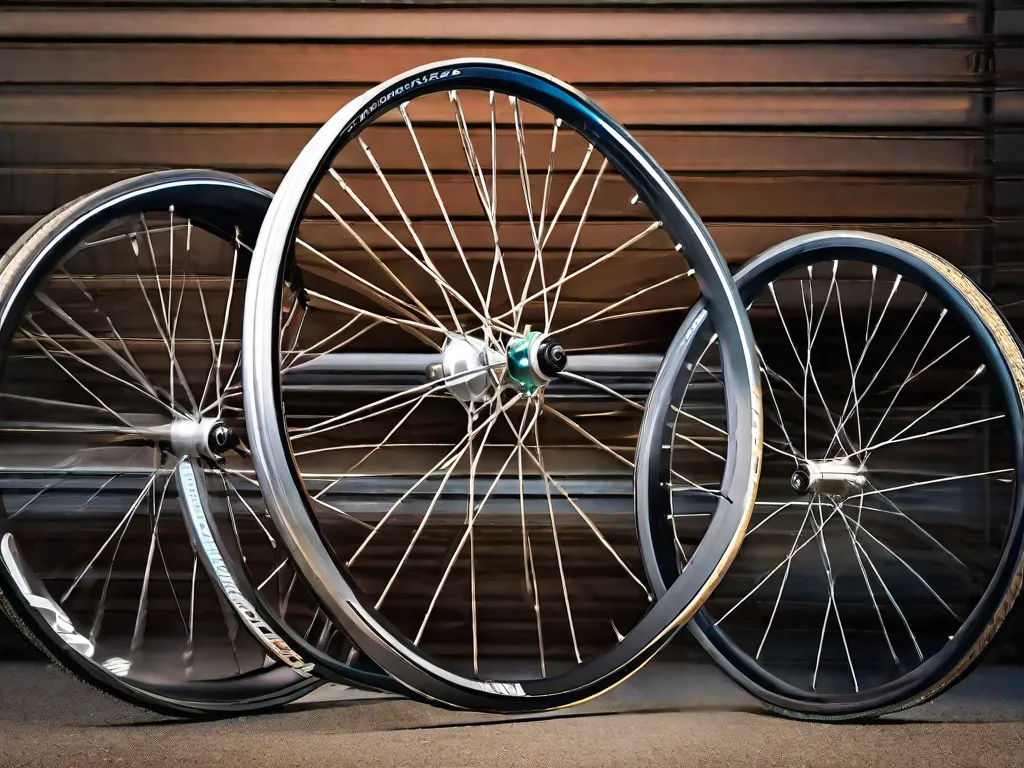 Uma imagem em close-up de três rodas de bicicleta diferentes lado a lado, mostrando a variedade de tamanhos disponíveis no mundo do ciclismo. Desde uma roda pequena e ágil de 20 polegadas até uma roda padrão de 26 polegadas e uma roda maior e poderosa de 29 polegadas, cada tamanho oferece vantagens únicas para diferentes estilos de pedalada e terrenos.