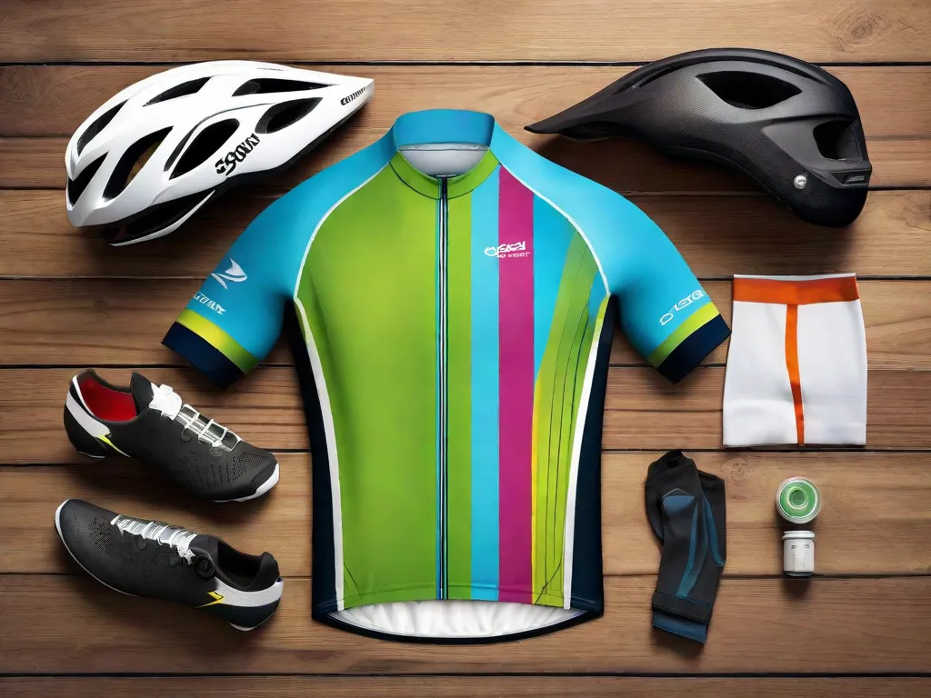 Uma imagem em close-up de uma roupa de ciclista disposta em uma mesa de madeira. A roupa inclui um capacete aerodinâmico elegante, shorts acolchoados para ciclismo, uma camiseta que absorve a umidade e um par de sapatos de ciclismo com travas. Essa imagem representa a importância de usar roupas adequadas para o exercício, garantindo conforto e desempenho