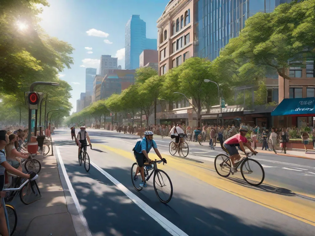 Uma rua movimentada da cidade com uma faixa dedicada para bicicletas, repleta de pessoas indo para o trabalho em suas bicicletas. Árvores frondosas margeiam a calçada e o céu azul claro é pontilhado por algumas nuvens esparsas, sugerindo uma redução na poluição do ar devido ao menor número de carros na estrada.