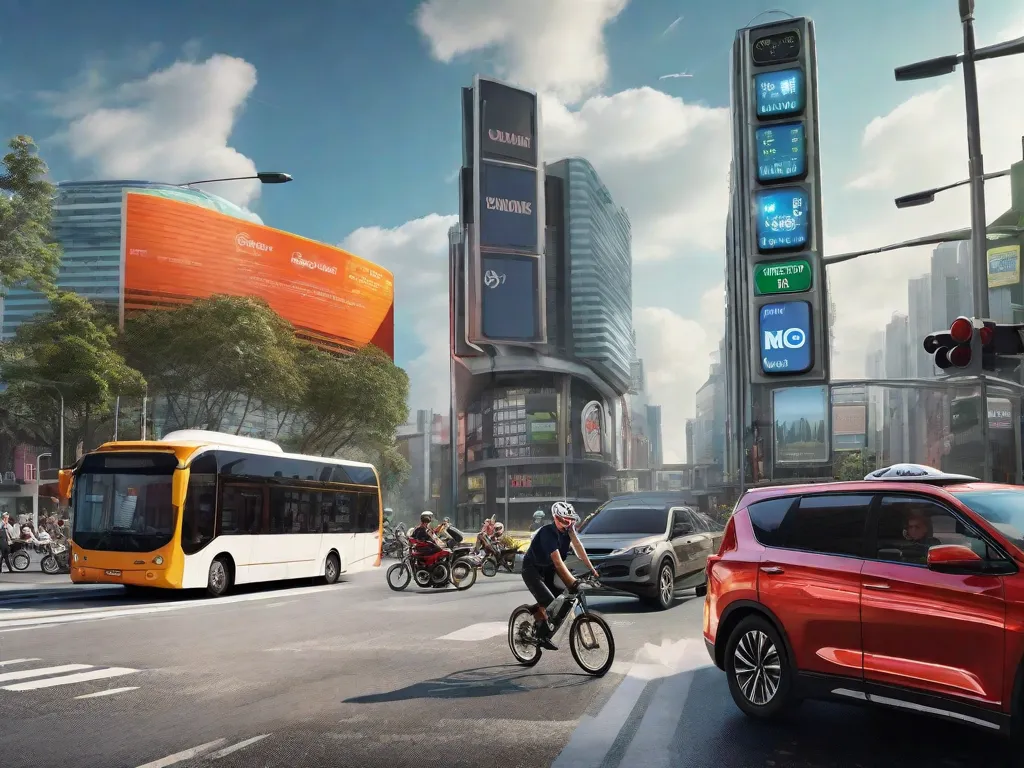 Uma rua movimentada na cidade com tráfego intenso: carros, ônibus e motocicletas navegam por um cruzamento agitado, com semáforos e placas de sinalização visíveis. Um ciclista, usando um capacete brilhante e colete refletivo, faz sinal para virar, enfatizando a importância da visibilidade e comunicação para a segurança.