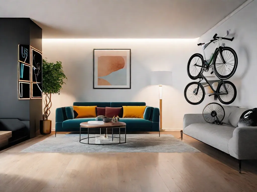 Descrição da imagem: Uma sala de estar elegante e moderna com um design minimalista. Na parede, há três suportes de bicicleta de metal preto dispostos em um padrão diagonal. Cada suporte segura de forma segura uma bicicleta de cor diferente, criando uma exibição visual impressionante. As bicicletas estão suspensas verticalmente, economizando espaço e adicionando um elemento decorativo único ao ambiente.