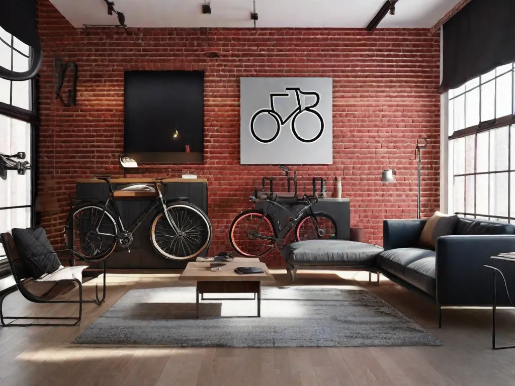Descrição da imagem: Uma sala de estar elegante e moderna com um design minimalista. Na parede, há três suportes de bicicleta de metal preto dispostos em um padrão diagonal. Cada suporte segura de forma segura uma bicicleta de cor diferente, criando uma exibição visual impressionante. As bicicletas estão suspensas verticalmente, economizando espaço e adicionando um elemento decorativo único ao ambiente.