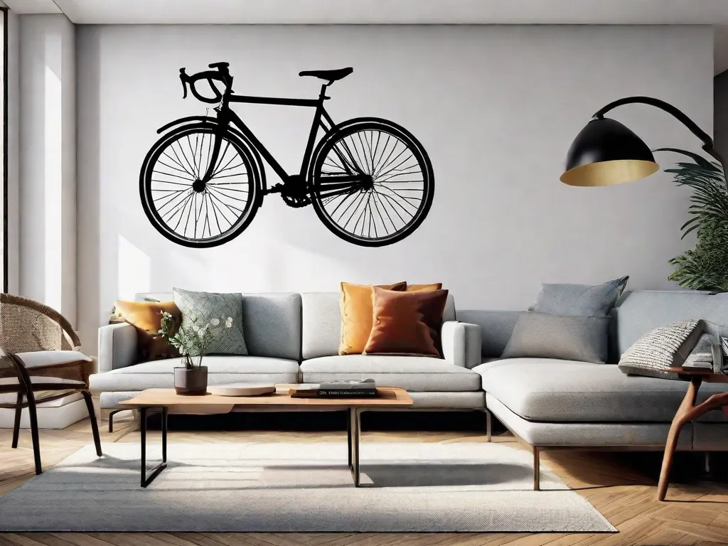 Uma imagem vibrante que mostra uma sala de estar minimalista com um suporte de parede elegante para bicicletas. As bicicletas, suspensas horizontalmente, se tornam peças cativantes de arte funcional. A decoração da sala complementa perfeitamente as bicicletas, criando uma exibição harmoniosa e visualmente atraente.