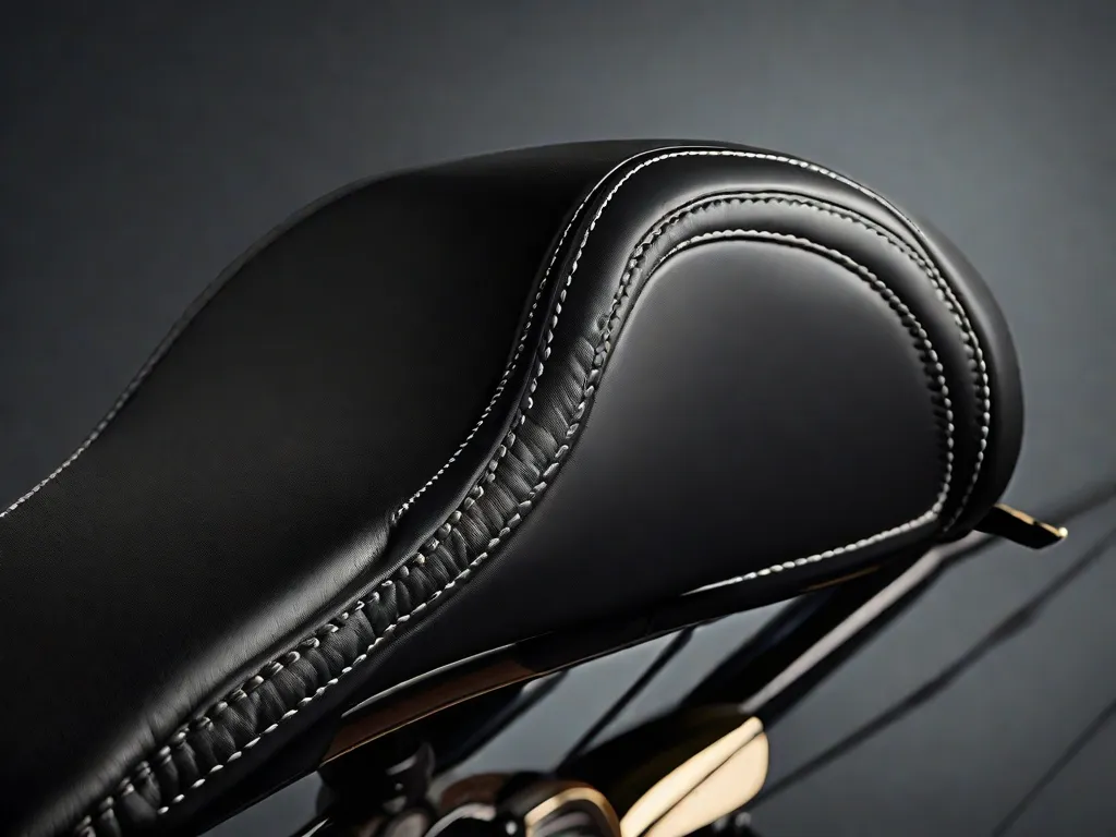 Uma imagem em close-up de uma elegante sela de bicicleta em couro preto, com costuras intricadas. O couro luxuoso exala sofisticação e elegância, complementando perfeitamente a estética geral de uma bicicleta de alta qualidade. A atenção aos detalhes e a qualidade da mão de obra são evidentes em cada costura, tornando-a um acessório indispensável para qualquer ciclista exigente.