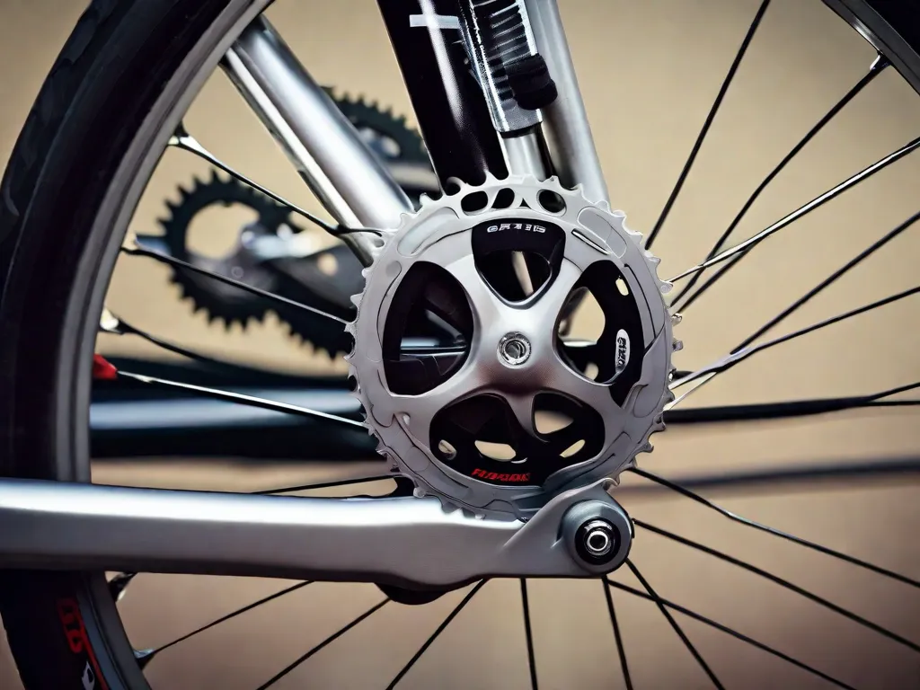 Um close-up do sistema de marchas de uma bicicleta, exibindo a cassete de metal brilhante com múltiplos pinhões e um desviador em meio à troca de marcha, com o fundo desfocado de uma roda e quadro da bicicleta.