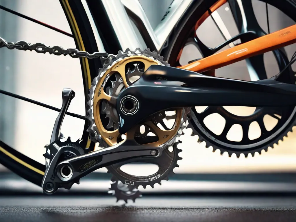 Uma imagem de close-up do cassete de marchas e do desviador de uma bicicleta, com a corrente repousando em um pinhão de tamanho médio, destacando os dentes metálicos intricados e os elos contra o fundo de um aro de roda desfocado.