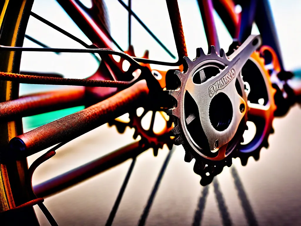 Descrição da imagem: Um close-up de uma corrente de bicicleta enferrujada pendurada frouxamente nas engrenagens, simbolizando o tema