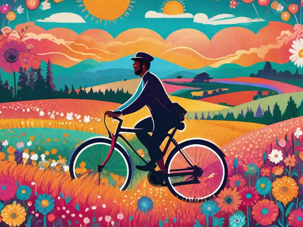 Descrição: Uma imagem vibrante de uma pessoa pedalando uma bicicleta ao longo de uma estrada costeira cênica. O ciclista está usando um capacete e uma camiseta amarela brilhante, com o vento soprando em seus cabelos. O sol está brilhando, lançando um brilho quente sobre a paisagem pitoresca de colinas ondulantes e um oceano turquesa