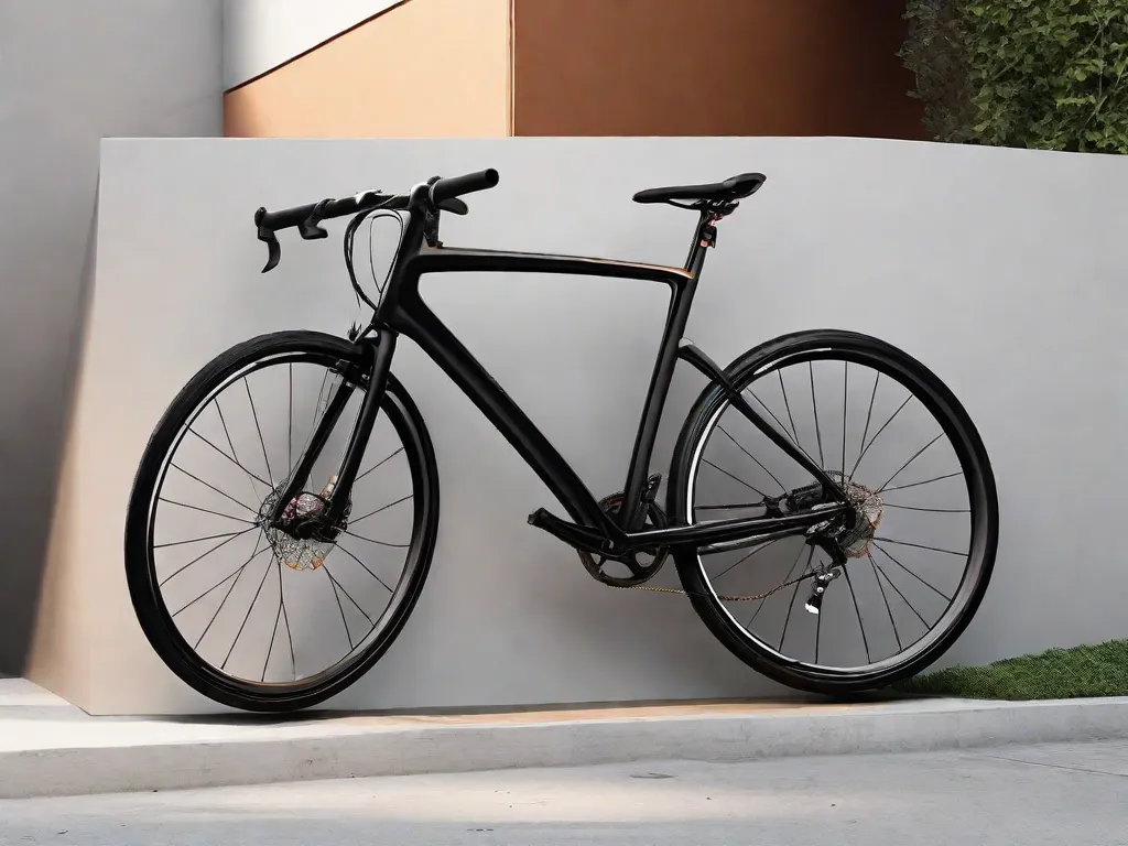 Uma imagem de um suporte de bicicleta moderno e elegante, montado na parede, mostrando sua praticidade e design que economiza espaço. O suporte segura a bicicleta de forma segura, permitindo um armazenamento fácil e acesso rápido sempre que necessário. Sua estética minimalista combina perfeitamente com qualquer ambiente interno, tornando-o uma solução perfeita para moradores urbanos.