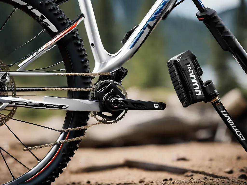 Uma imagem em close-up do garfo de suspensão de uma bicicleta de montanha com o botão de ajuste de compressão em foco. O fundo mostra um desfoque do quadro da bicicleta e uma trilha indicando uso recente.