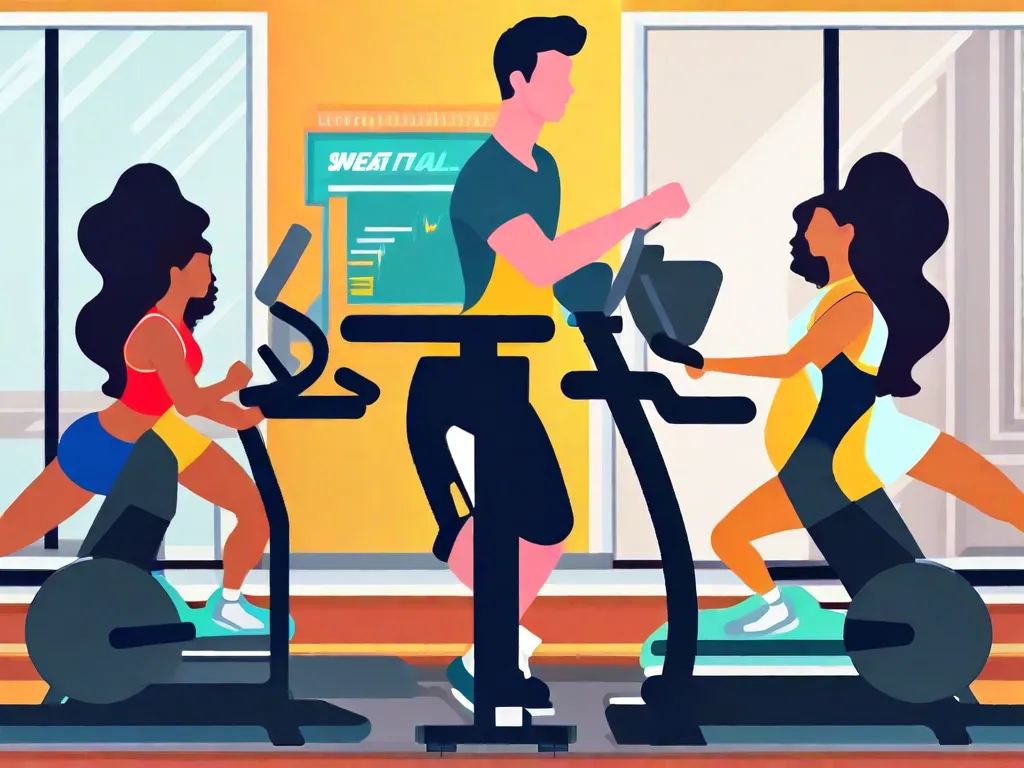 Descrição da imagem:
Uma imagem dividida ao meio, mostrando uma esteira e uma bicicleta estacionária lado a lado. À esquerda, uma pessoa está correndo na esteira, seu corpo em movimento enquanto transpira. À direita, outra pessoa está pedalando vigorosamente na bicicleta estacionária, sua expressão concentrada refletindo sua determinação em queimar gordura abdominal. A imagem captura a essência