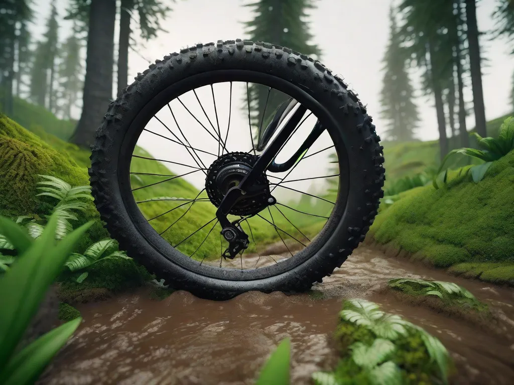 Uma imagem em close-up de um pneu de bicicleta de montanha coberto de lama e sujeira, mostrando a robustez e aventura do ciclismo off-road. O pneu está cercado por uma vegetação exuberante e verde, com uma trilha desaparecendo ao longe, convidando os espectadores a explorar e escolher seu próprio caminho.