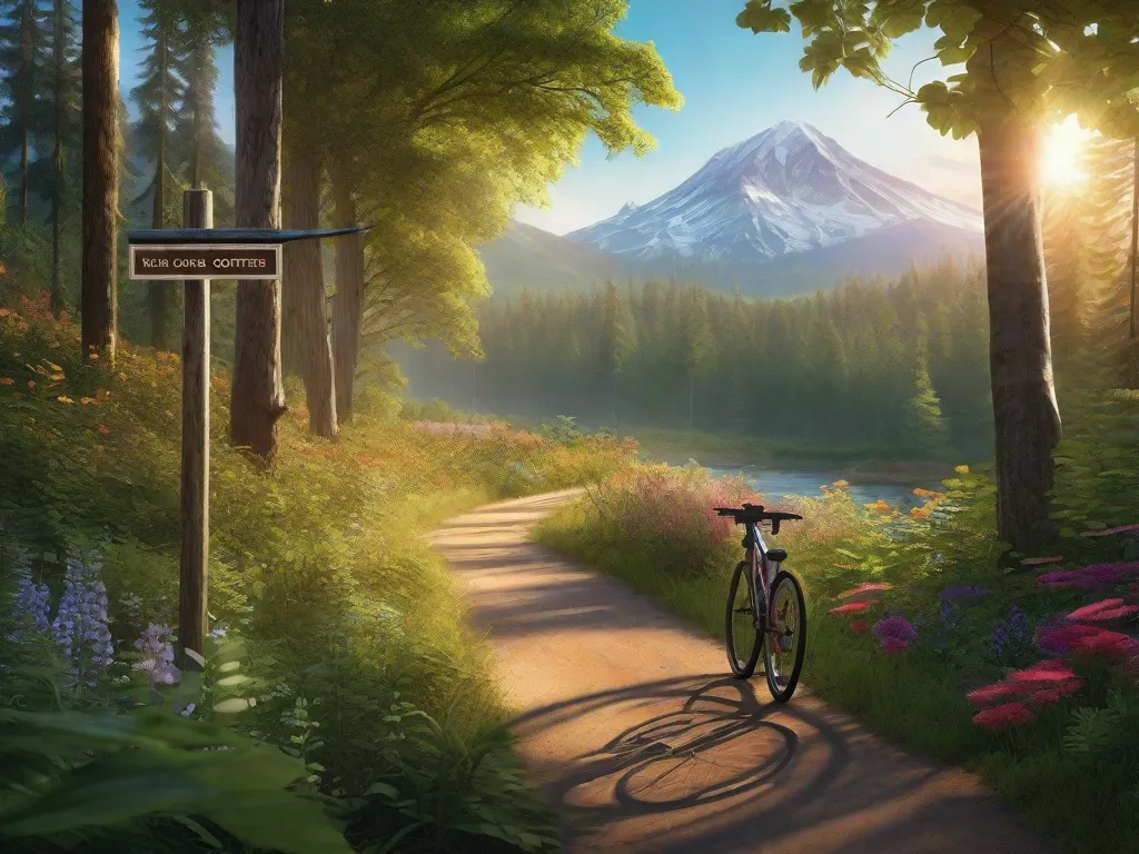 Uma tranquila ciclovia serpenteia por uma floresta exuberante, com a luz do sol filtrando-se através do dossel acima. Flores silvestres vibrantes margeiam a trilha, e uma distante cadeia de montanhas oferece um cenário majestoso. Uma bicicleta está encostada em um poste de madeira, indicando múltiplas opções de rotas cênicas.