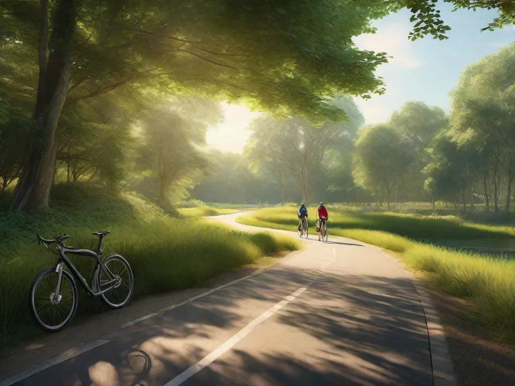Uma tranquila ciclovia serpenteia por uma floresta exuberante, com a luz do sol filtrada pelas folhas criando padrões no chão. Bicicletas estão estacionadas em intervalos, destacando a harmonia entre o transporte humano e a preservação da natureza. Folhas tremulam suavemente na brisa, enfatizando o impacto ambiental tranquilo do ciclismo.