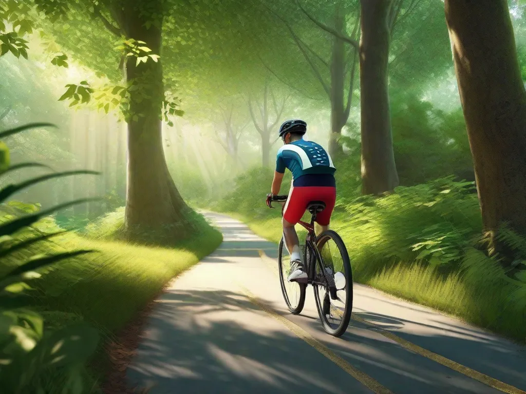 Uma tranquila ciclovia serpenteia por uma floresta exuberante, com a luz do sol filtrada pelas folhas projetando padrões no chão. Uma bicicleta ecológica está encostada em uma árvore, simbolizando um meio de transporte de baixo carbono que está em harmonia com a natureza. Folhas tremulam suavemente na brisa, enfatizando o impacto ambiental tranquilo