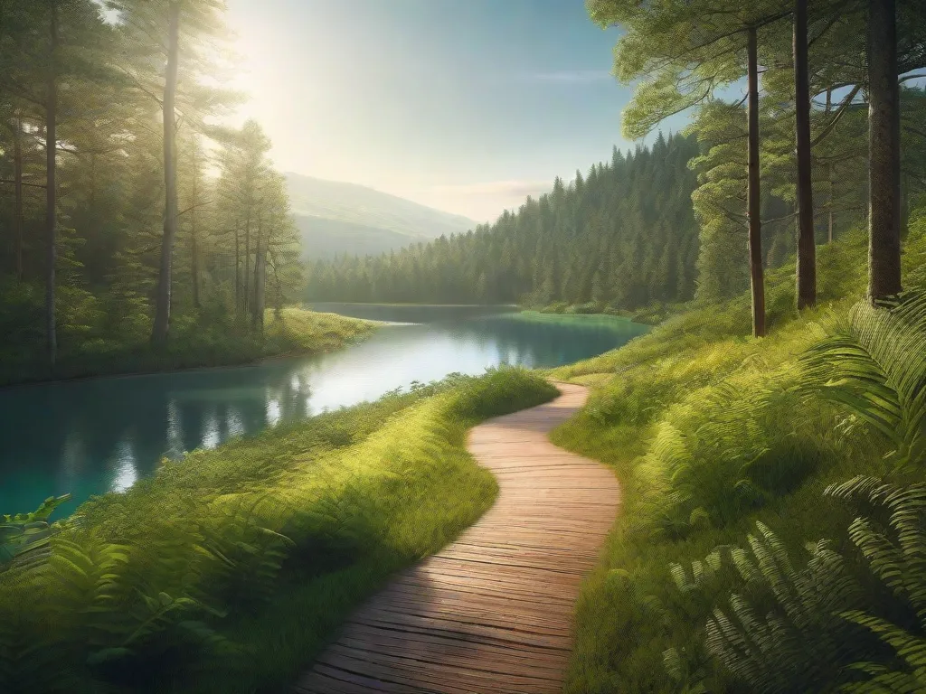 Uma imagem cênica de uma trilha de ciclismo bifurcada em uma floresta exuberante, com um caminho levando até uma colina iluminada pelo sol e o outro contornando um lago sereno, ambos desaparecendo na natureza selvagem, convidando à aventura e à decisão.