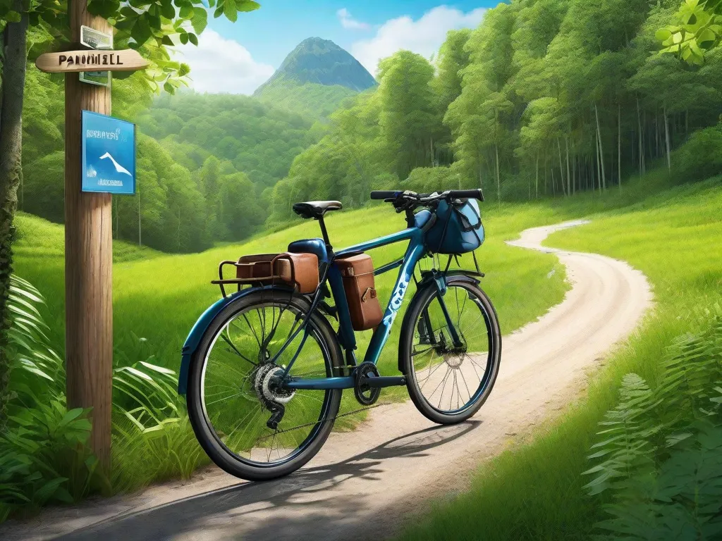 Uma bicicleta estacionada contra uma cerca de madeira rústica com um cenário campestre pitoresco ao fundo. Bolsas alforjes estão presas à bicicleta, um capacete pende do guidão, e uma barraca compacta e enrolada está segura ao quadro, sugerindo aventura e autossuficiência na estrada aberta.