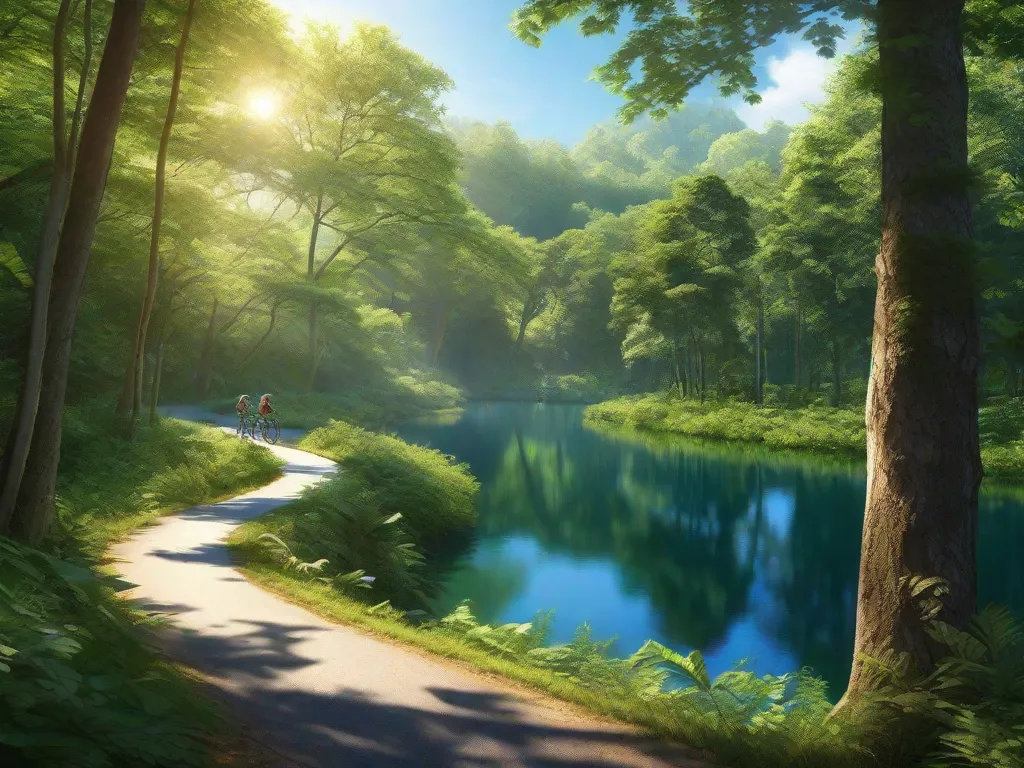 Imagine uma sinuosa trilha de ciclismo serpenteando por uma floresta verdejante, com a luz do sol penetrando o dossel das árvores, projetando sombras salpicadas na trilha. À frente, a rota se desdobra em uma margem de lago serena, com a água refletindo o céu azul límpido e a natureza ao redor.