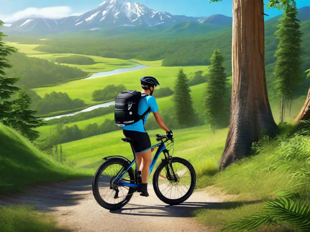 Uma trilha cênica de mountain bike com um ciclista adulto fazendo uma pausa para admirar a vista. A bicicleta está equipada com alforjes, uma garrafa de água e um dispositivo de navegação. A vegetação exuberante e um céu azul claro criam um pano de fundo convidativo para o ciclismo de aventura.