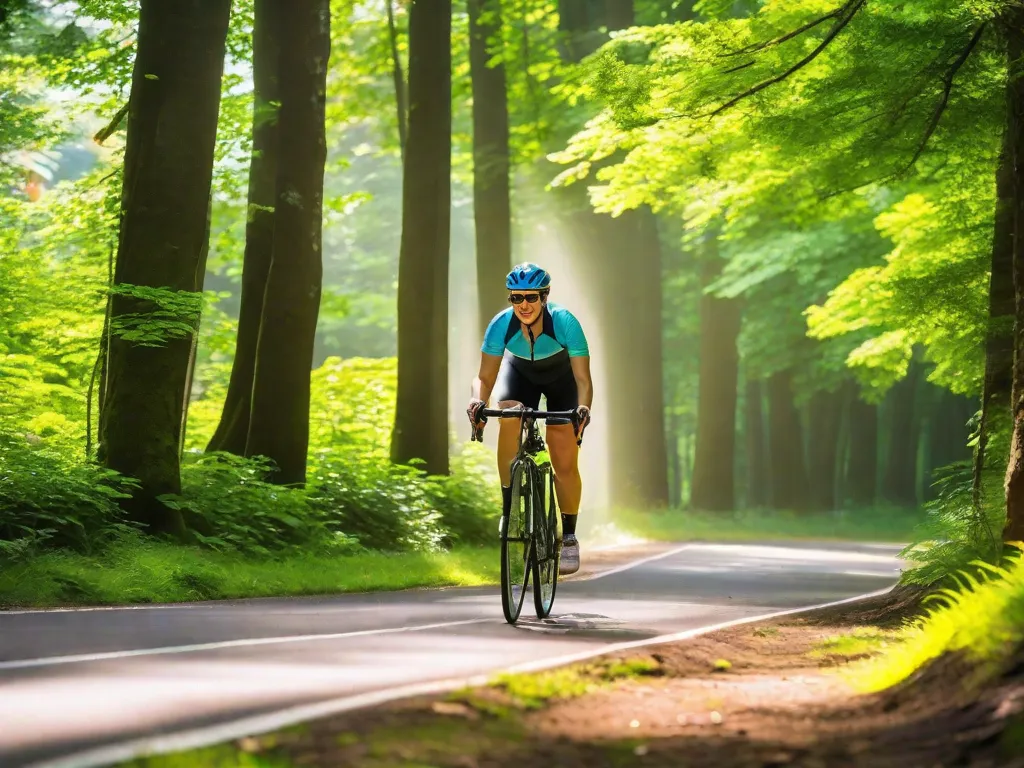 Descrição da imagem: Uma vibrante e cênica ciclovia se estende por uma floresta verdejante, com raios de sol filtrando entre as árvores. Um ciclista usando capacete e roupas coloridas de ciclismo está pedalando confiantemente morro acima, mostrando determinação e entusiasmo. Essa imagem captura a essência de embarcar em uma jornada de treinamento de cicl