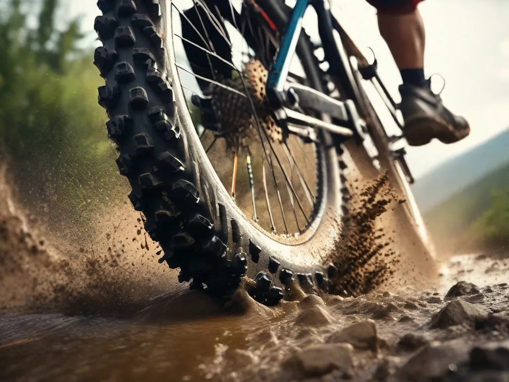 Uma imagem em close-up de um pneu de bicicleta de montanha rolando sobre uma trilha acidentada, com sujeira e pedras voando pelo ar. A imagem captura a emoção e a empolgação de explorar trilhas de mountain bike, ao mesmo tempo em que destaca a importância de equipamentos adequados e conhecimento para uma experiência segura e agradável.
