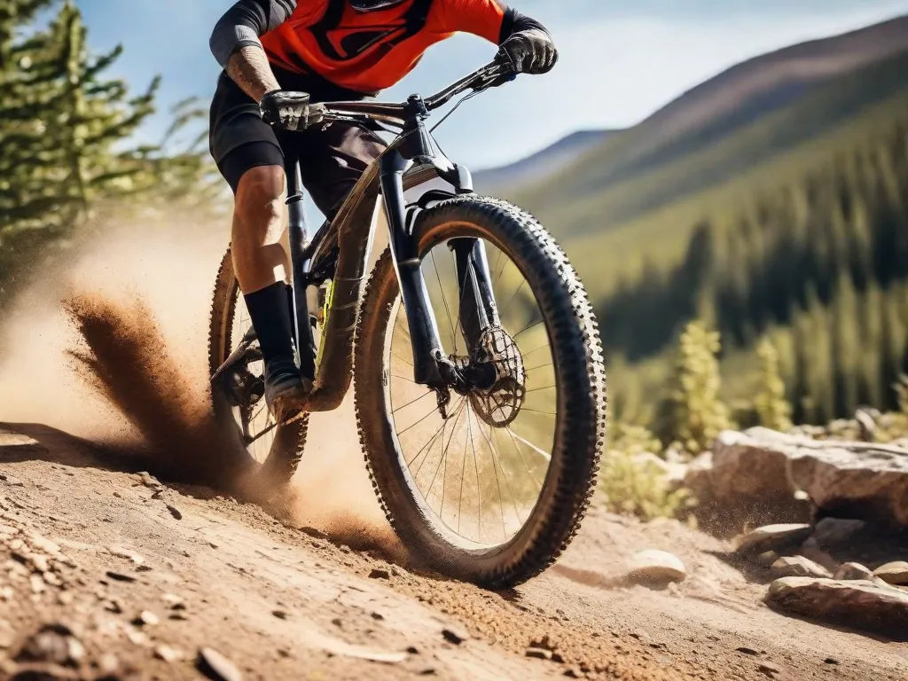 Uma imagem em close-up de um pneu de bicicleta de montanha rolando sobre uma trilha acidentada, com sujeira e pedras voando pelo ar. A imagem captura a emoção e a empolgação de explorar trilhas de mountain bike, ao mesmo tempo em que destaca a importância de equipamentos adequados e conhecimento para uma experiência segura e agradável.