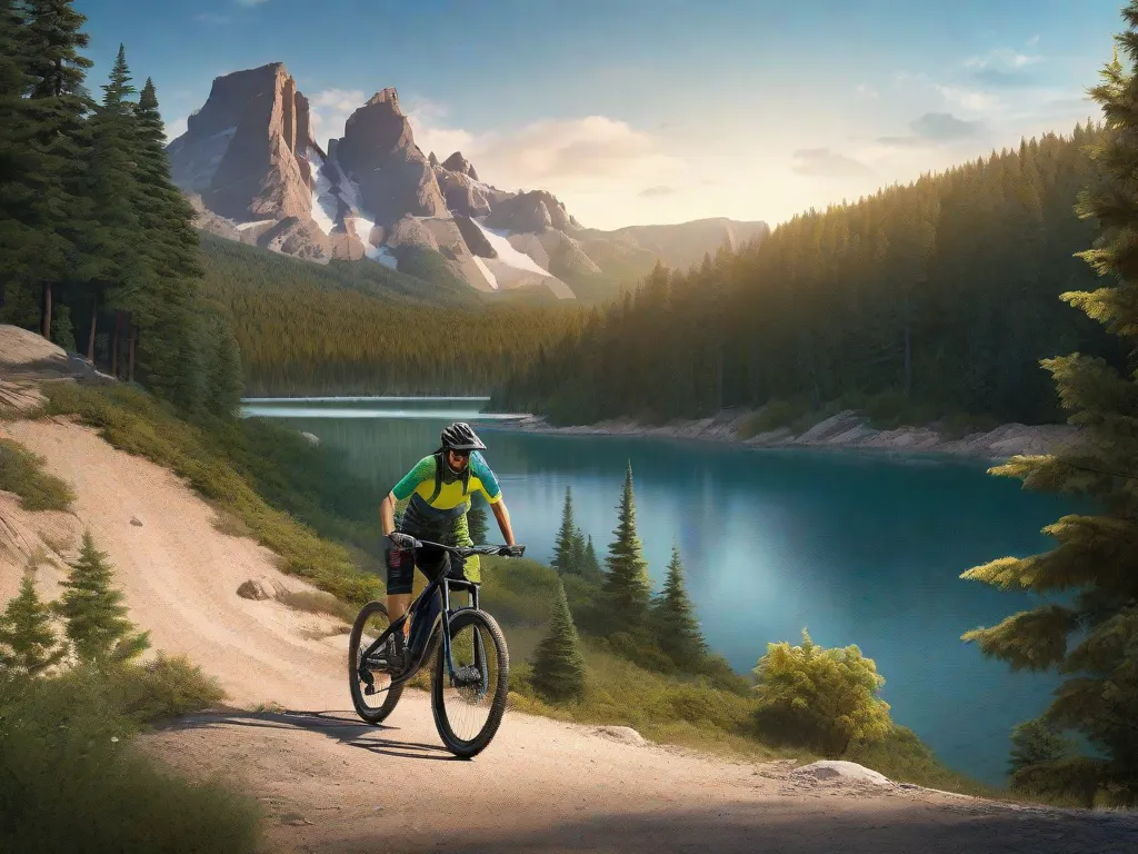 Uma mountain bike está encostada em uma trilha acidentada e rochosa, com um denso bosque ao fundo. Ao longe, um lago sereno reflete o céu azul claro. Em contraste, uma bicicleta urbana está ao lado de um caminho liso e pavimentado de um parque, com silhuetas do horizonte urbano sob o brilho suave dos postes de ilum