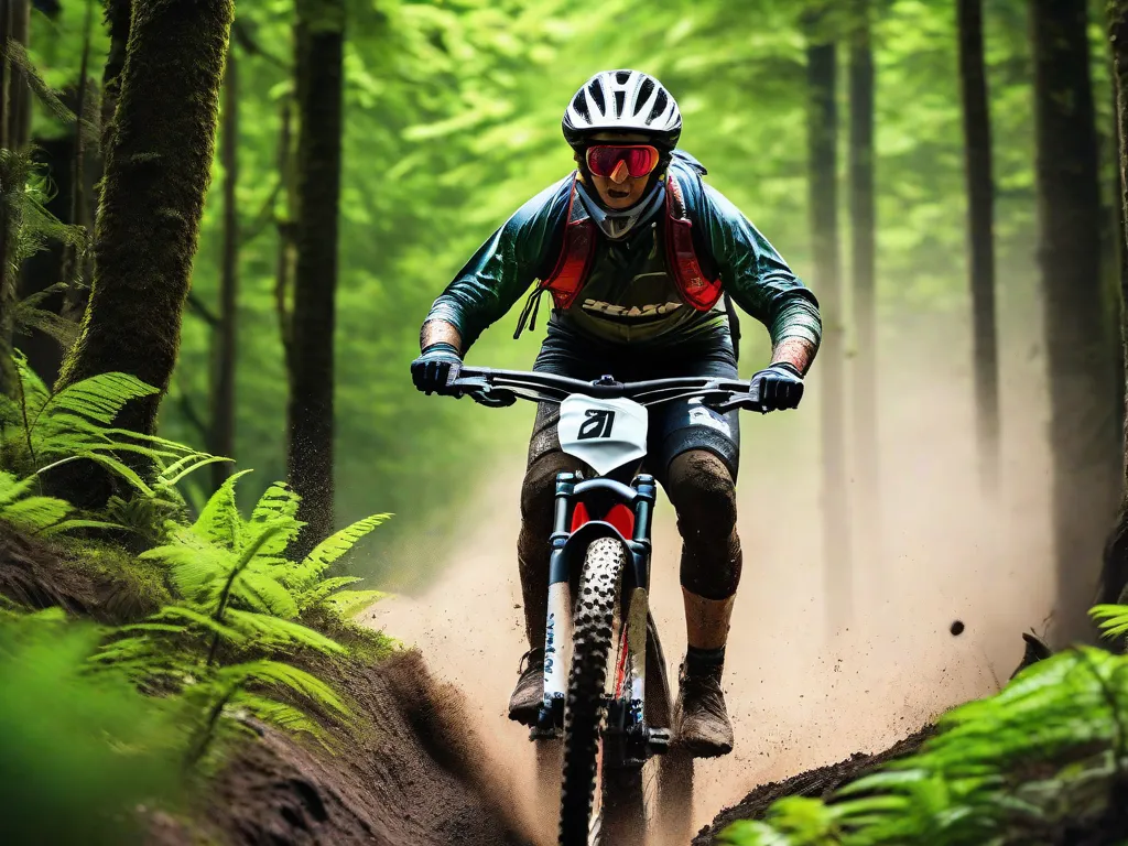 Descrição: Uma imagem emocionante de um ciclista de montanha pedalando por uma trilha cênica cercada por vegetação exuberante e árvores imponentes. O ciclista está usando equipamento de proteção, com lama respingada em seu rosto, mostrando a emoção e a aventura de explorar trilhas de mountain bike.