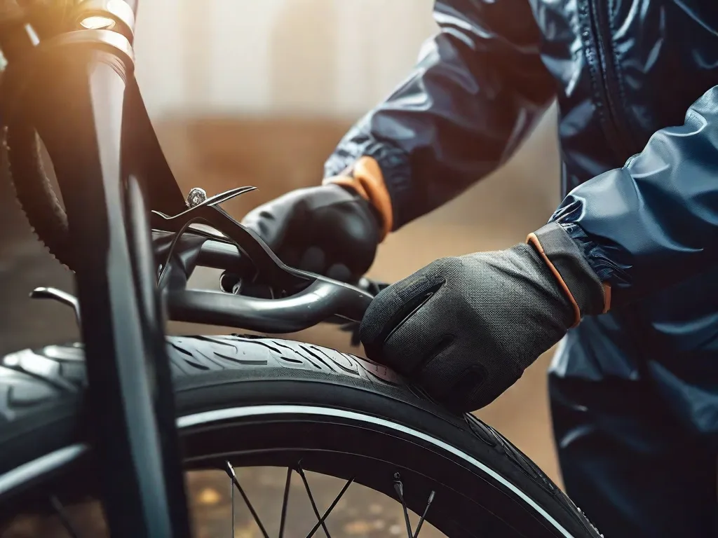 Descrição da imagem: Um close-up de uma pessoa usando luvas, removendo com confiança o pneu antigo da bicicleta com alavancas de pneu. A expressão concentrada da pessoa e a precisão dos movimentos das mãos demonstram a técnica correta para trocar os pneus da bicicleta.