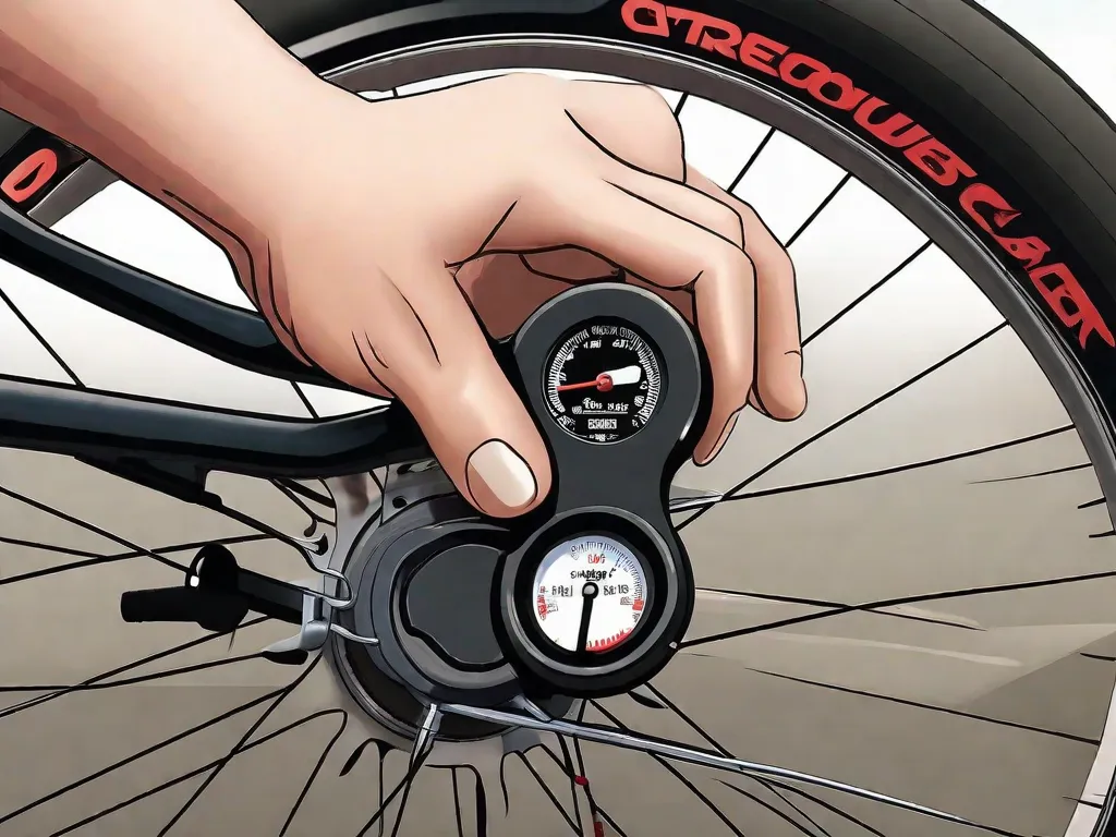 Uma imagem em close-up de uma mão utilizando um medidor de pressão para verificar a pressão dos pneus em uma bicicleta. O foco está no medidor, mostrando a importância da inflação adequada dos pneus para um desempenho e segurança ideais durante o passeio.