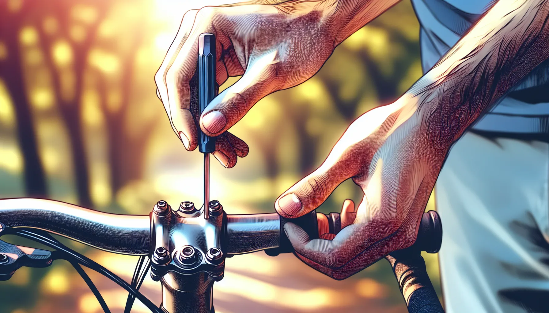 Para ajustar corretamente a altura do guidão, siga os passos abaixo:
1. Solte os parafusos de fixação do guidão utilizando uma chave Allen ou uma chave de boca, dependendo do tipo de bicicleta que você possui.
2. Ajuste a altura do guidão de acordo com sua preferência. Certifique-se de que a altura seja confortável para você, permitindo que seus braços fiquem levemente flexion