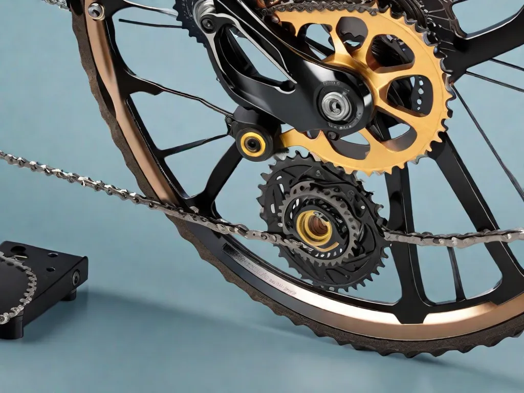 Um close-up da mão enluvada de um ciclista ajustando finamente o câmbio traseiro de uma bicicleta de estrada, com foco nas engrenagens e parafusos de ajuste. O fundo é uma visão desfocada de uma estrada aberta, sugerindo velocidade e desempenho.