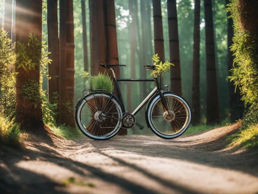Uma elegante bicicleta com armação de bambu está apoiada contra um fundo verde exuberante, com guidão de cortiça e um pneu de borracha reciclada visíveis, exibindo uma abordagem inovadora para o ciclismo ecológico.