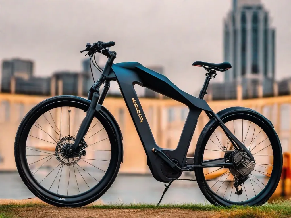 Uma bicicleta elétrica elegante está encostada em um banco moderno da cidade, com seu pacote de bateria visivelmente montado no quadro. A bicicleta é equipada com um display digital no guidão, e ao fundo, uma ciclovia urbana se estende ao longe, sinalizando um transporte ecológico em um ambiente urbano.