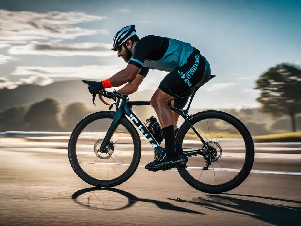 Uma bicicleta equipada com faróis e lanternas traseiras de LED brilhantes, faixas refletoras no quadro e rodas ilumina uma estrada escura. O ciclista veste um colete neon de alta visibilidade, um capacete de segurança com detalhes refletivos e luvas com nós dos dedos refletivos, garantindo visibilidade e segurança durante um passeio noturno.