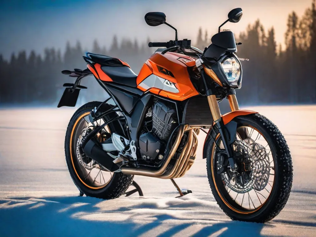 Uma bicicleta está encostada em uma cerca de madeira rústica, com flocos de neve caindo suavemente ao seu redor. Os pneus estão equipados com sulcos para o inverno, e o quadro é parcialmente coberto com uma película protetora transparente. Luzes LED brilhantes estão fixadas tanto na frente quanto atrás para visibilidade na luz fraca do inverno.