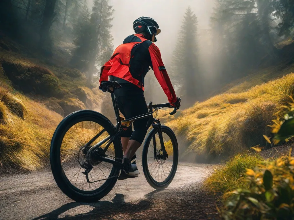 Uma bicicleta equipada com faróis LED brilhantes e luzes traseiras vermelhas montadas em um quadro escuro. Faixas refletivas revestem as rodas e os pedais. Uma jaqueta de ciclismo amarela elegante e de alta visibilidade com remendos refletivos está pendurada no guidão, ao lado de um capacete com uma luz traseira integrada.