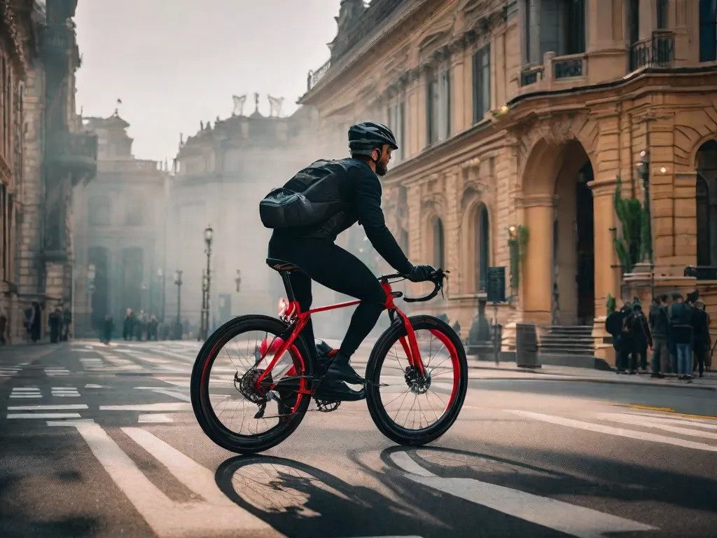 Uma bicicleta equipada com faróis de LED brilhantes e luzes traseiras vermelhas, faixas refletoras nas rodas e um ciclista vestindo um colete neon de alta visibilidade com remendos refletivos. O ciclista também usa um capacete com uma luz acoplada e luvas com marcas refletivas.