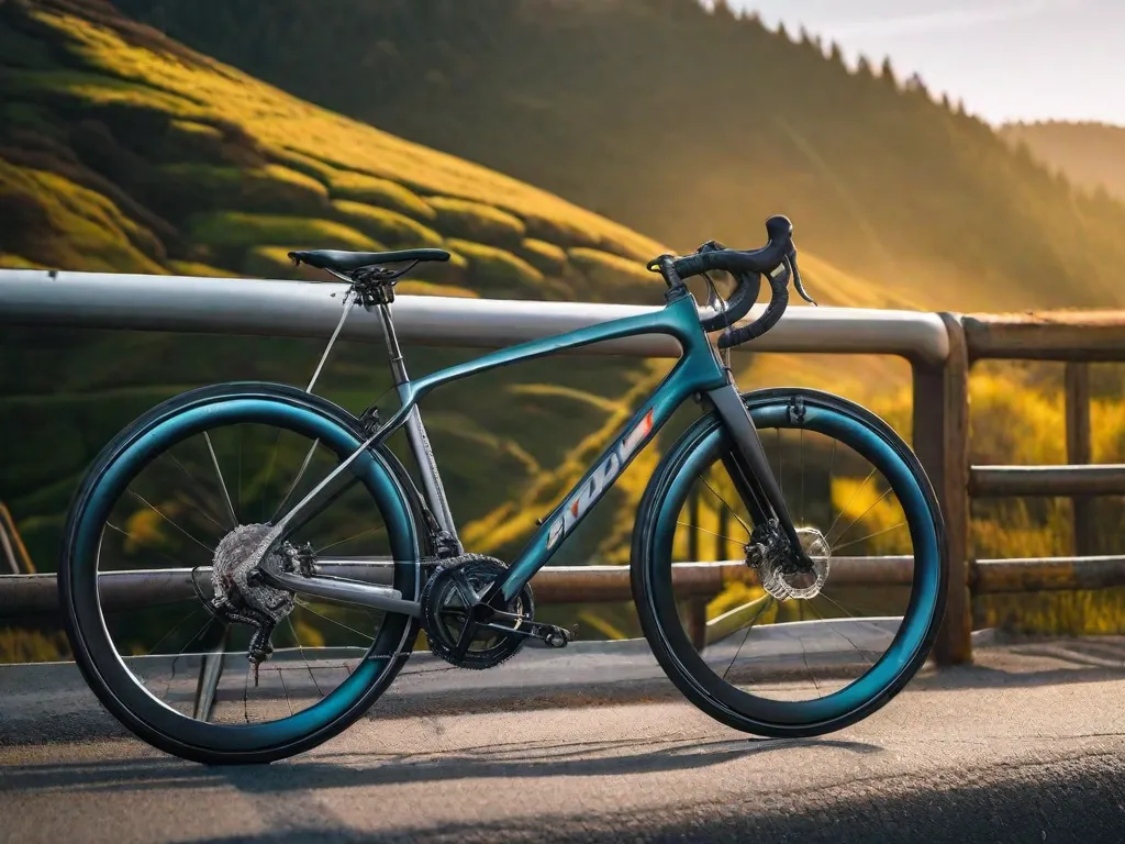 Uma elegante bicicleta de estrada apoia-se em uma mureta desgastada, com vista para uma sinuosa estrada de montanha. O sol da manhã cedo lança um brilho suave no asfalto salpicado de orvalho, insinuando a solidão e a liberdade encontradas na dança rítmica do ciclismo em estradas abertas.