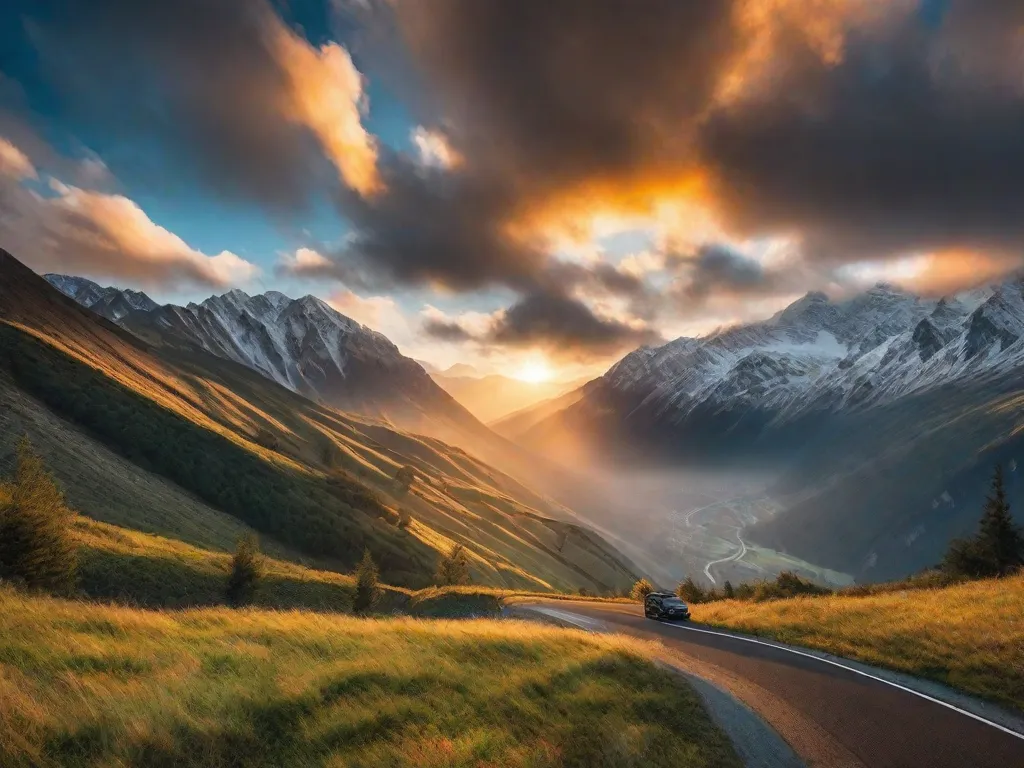 Uma elegante bicicleta de estrada está encostada no guardrail em um tranquilo passo de montanha, com o sol projetando um brilho dourado no pavimento. A estrada sinuosa se estende ao longe, cercada por uma vegetação exuberante e um céu azul claro, convidando à aventura e ao prazer de pedalar.