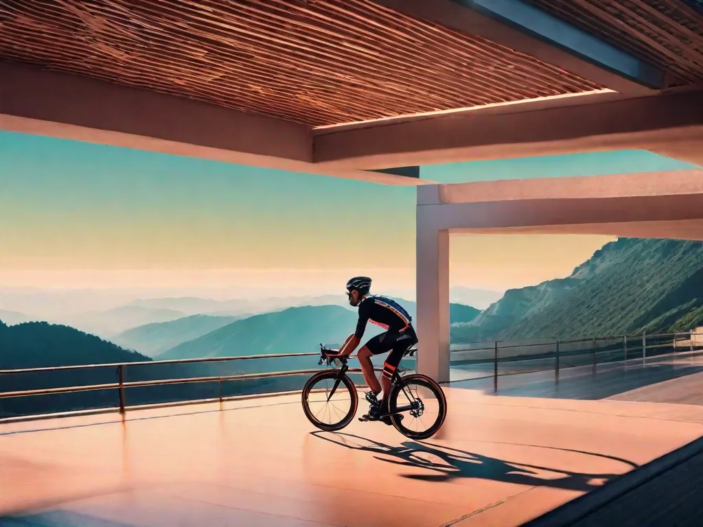 Uma bicicleta de estrada elegante está encostada em uma grade de proteção com uma estrada montanhosa cênica se estendendo até o horizonte, o sol da manhã cedo lançando um brilho quente sobre o asfalto, e uma garrafa de água reluzindo com condensação em seu suporte, simbolizando a aventura e os benefícios para a saúde do ciclismo