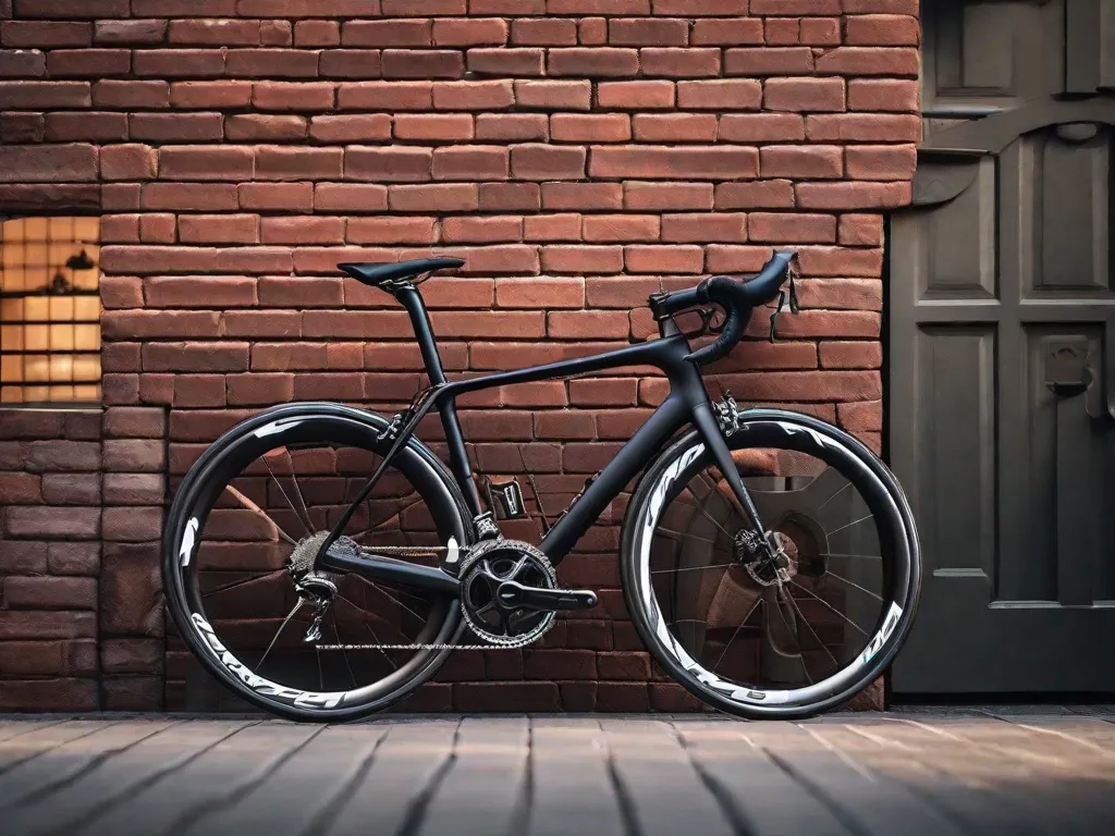 Uma elegante bicicleta de estrada está encostada em uma parede de tijolos desgastada, seu quadro de carbono brilhando sob a luz solar quente. Os guidões curvos sugerem velocidade e agilidade, enquanto os pneus finos indicam que está pronta para pavimentos lisos. Um capacete repousa no selim, sinalizando prontidão para um passeio.