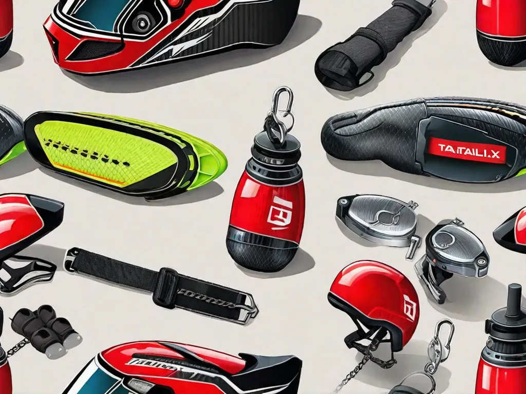 Uma bicicleta urbana equipada com equipamentos de segurança: farol dianteiro e lanterna traseira de LED brilhantes, faixas refletoras no quadro, um capacete robusto no guidão, um colete de alta visibilidade sobre o assento e um par de luvas com patches refletivos ao lado de um cadeado e corrente.