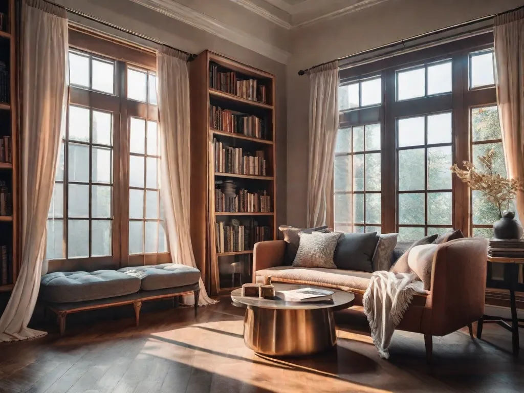 Um cantinho de leitura aconchegante com uma poltrona fofa, uma manta macia jogada por cima, uma pequena mesa lateral com uma xícara de chá fumegante, e uma pilha de livros. Ao fundo, uma janela com cortinas transparentes suavemente difunde a luz do sol, realçando a sensação de tranquilidade.