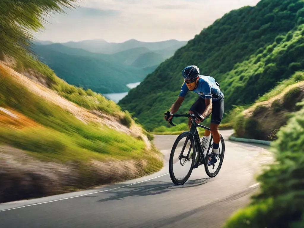 Um ciclista solitário sobe uma estrada íngreme de montanha, cercado por uma paisagem acidentada. A postura determinada do ciclista e o caminho sinuoso à frente evocam um sentimento de resiliência e perseverança diante de uma jornada desafiadora.