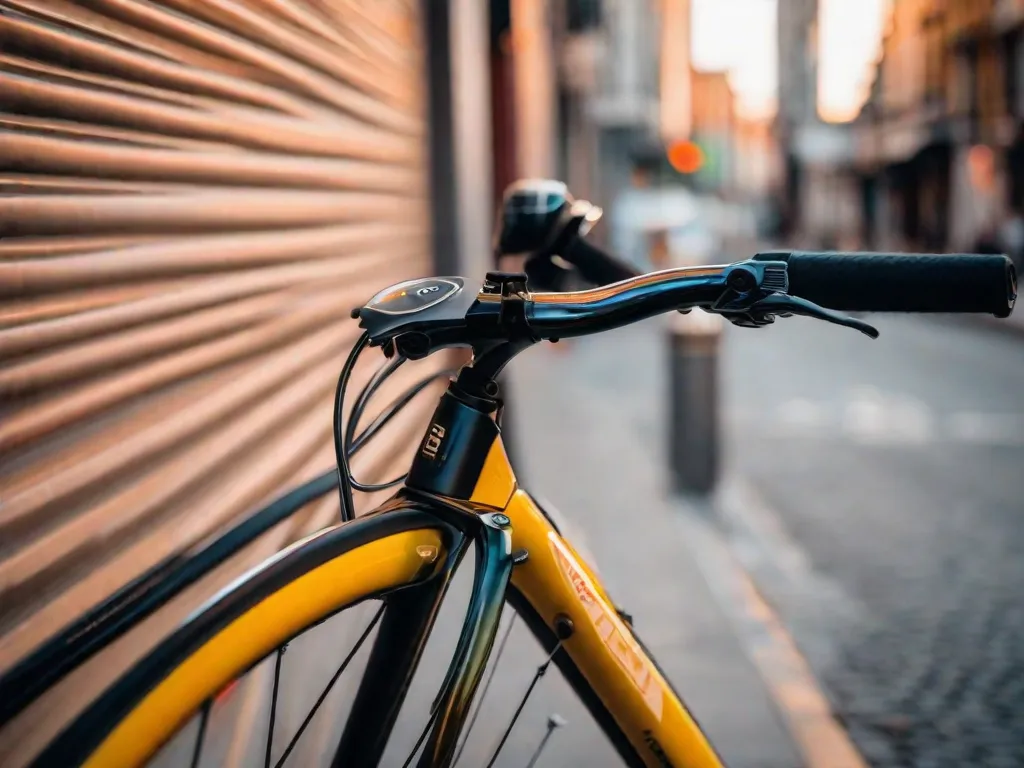 Um colete de segurança refletivo drapeado sobre o guidão de uma bicicleta, com um capacete de cores vivas repousando no selim. O fundo desfoca suavemente uma rua ao entardecer, com os postes de iluminação começando a brilhar, enfatizando a importância da visibilidade.