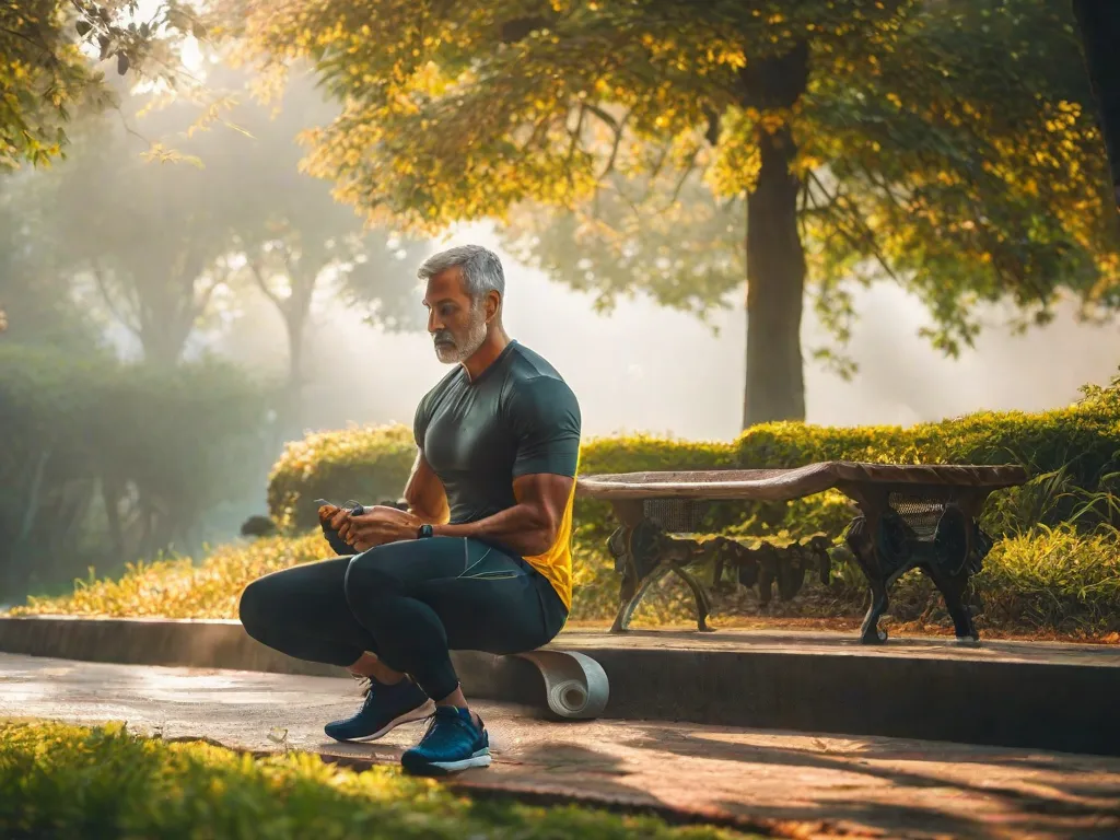 Uma imagem serena de um adulto de meia-idade amarrando seus tênis de corrida, pronto para uma corrida ao longo de uma trilha tranquila no parque, cercado por árvores verdejantes e o sol da manhã cedo espreitando através da folhagem, simbolizando um compromisso com a melhoria da saúde cardiovascular através do exercício.