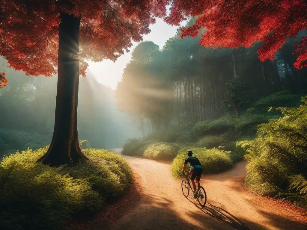 Uma imagem serena de uma estrada aberta serpenteando através de uma floresta verdejante com a luz do sol filtrando-se pelas copas das árvores. Uma única bicicleta está encostada em um poste de madeira no início de uma trilha, convidando à exploração.
